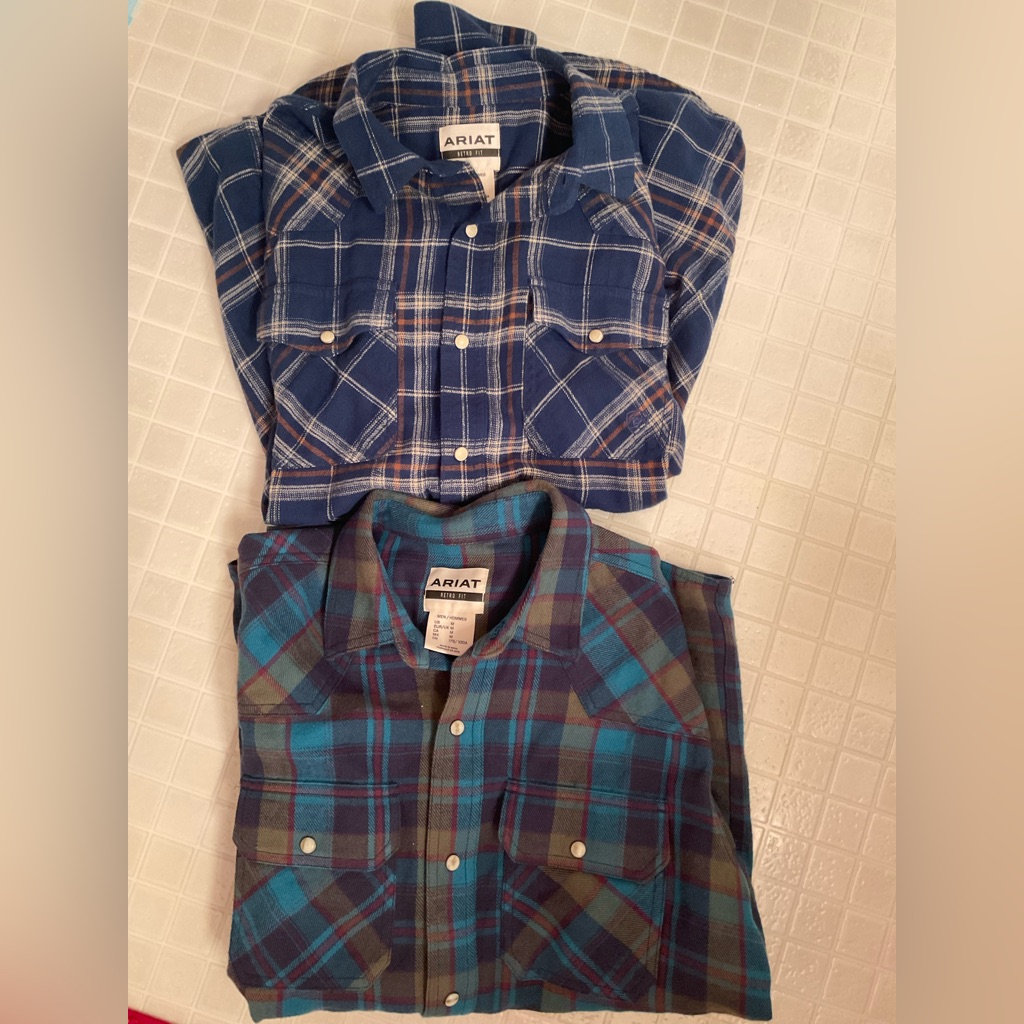 Lot 2 Ariat Blue And Teal Plaid Shirts Bundle Set Flannel Pearl Snaps Button 21â